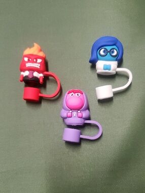 Set of 3 Inside Out Characters Straw Toppers / Protectors in Blue, Red, Purple